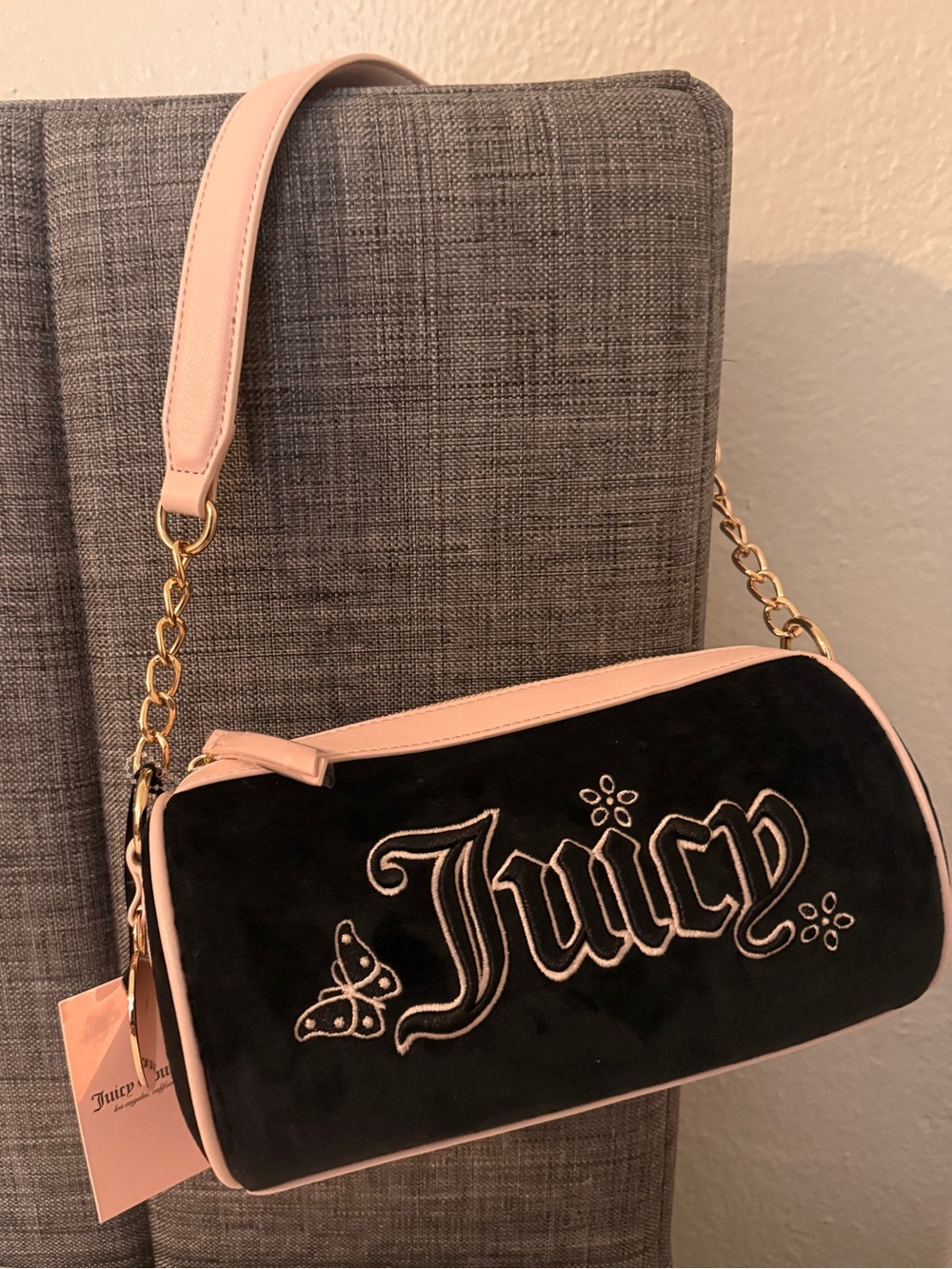 Juicy Couture Black Velvet Shoulder Barrel Bag with Pale Pink Trim